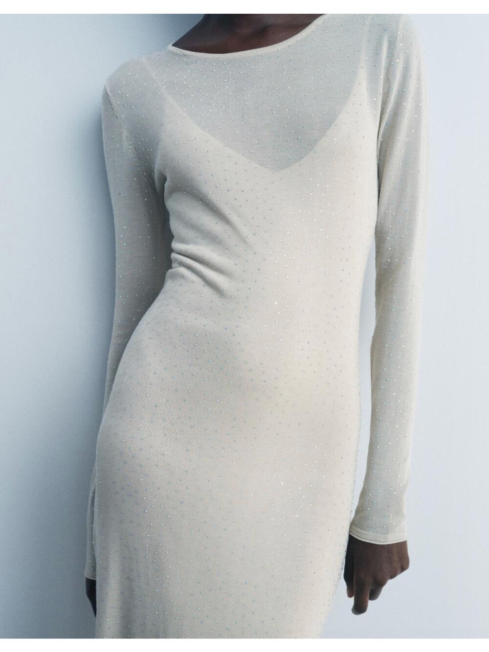 Zara 9598/204/806 Rhinestone Dress Womens M Cotton Knit Long Sleeve Midi Maxi
